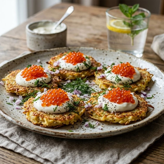 Blinis de papa con hueva de trucha